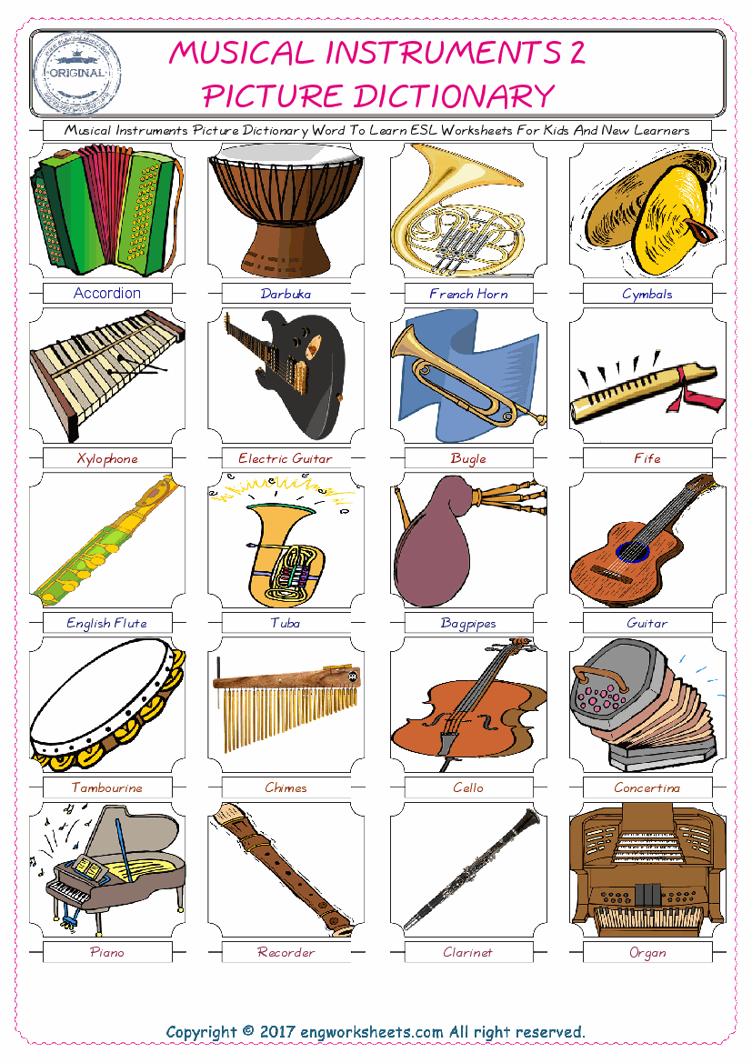  Musical Instruments English Worksheet for Kids ESL Printable Picture Dictionary 